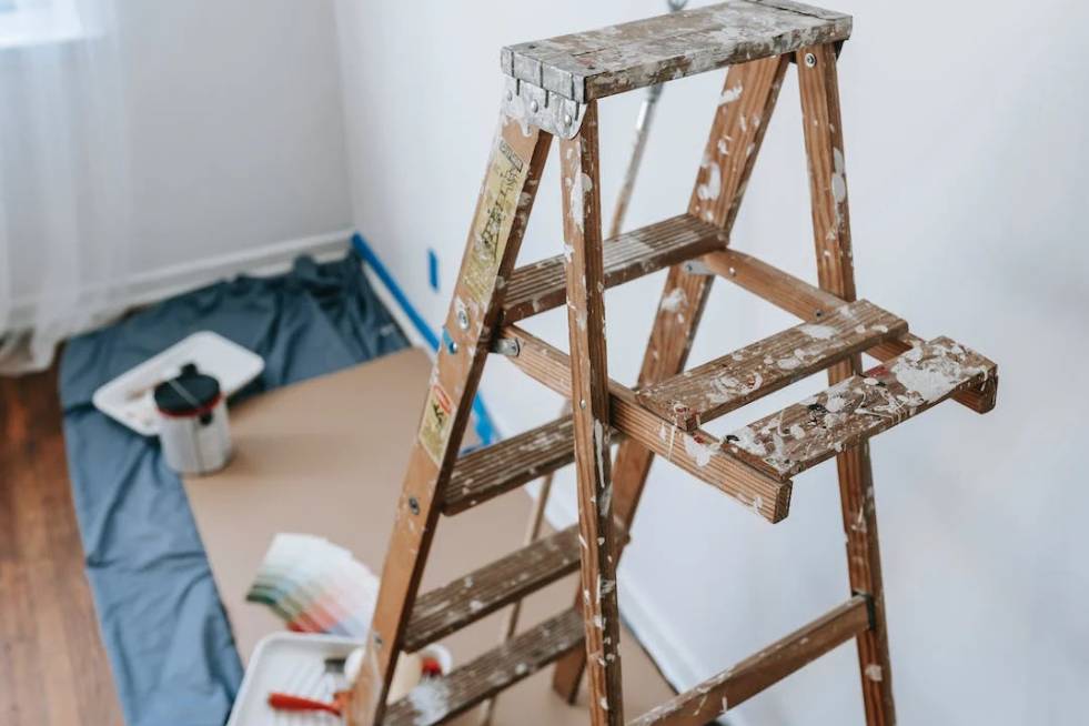 view of the wooden stairs during painting